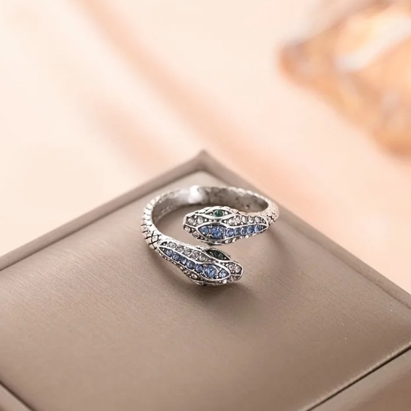 NEW Silver 925 Aquamarine Emerald Stone Snake Open Ring - Picture 2 of 4